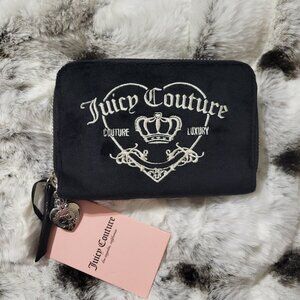 Juicy Couture Black Velour Girlie Royalty Double Medium Zip Around Wallet